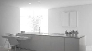 Modern temiz çağdaş mutfak, ada ve sandalye, bambu ve saksı bitkileri, büyük pencere ve parke zemin, minimalist iç tasarım ile ahşap yemek masası toplam beyaz proje