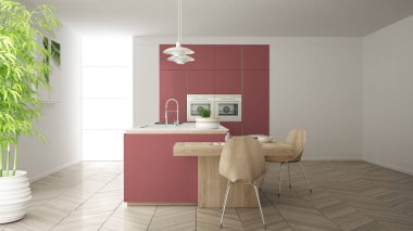 Modern temiz çağdaş gri mutfak, sandalye, bambu ve saksı bitkileri, büyük pencere ve ringa kemiği parke zemin, minimalist iç tasarım ile ahşap yemek masası