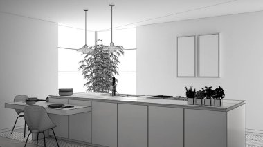 Modern temiz çağdaş mutfak bitmemiş proje, sandalye, bambu ve saksı bitkileri, pencere ve parke zemin, iç tasarım konsept fikri ile ahşap yemek masası