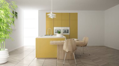 Modern temiz çağdaş sarı mutfak, sandalye, bambu ve saksı bitkileri, büyük pencere ve ringa kemiği parke zemin, minimalist iç tasarım ile ahşap yemek masası