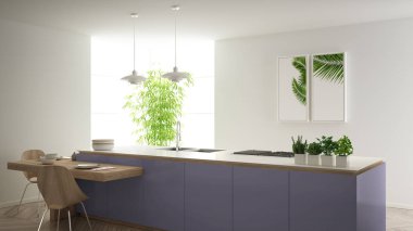 Modern temiz çağdaş mor mutfak, sandalye, bambu ve saksı bitkileri, büyük pencere ve ringa kemiği parke zemin, minimalist iç tasarım ile ahşap yemek masası
