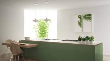 Modern temiz çağdaş yeşil mutfak, sandalye, bambu ve saksı bitkileri, büyük pencere ve ringa kemiği parke zemin, minimalist iç tasarım ile ahşap yemek masası