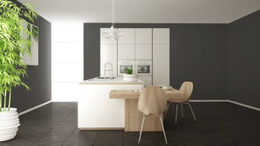 Modern temiz çağdaş beyaz mutfak, sandalye, bambu ve saksı bitkileri, büyük pencere ve ringa kemiği parke zemin, minimalist iç tasarım ile ahşap yemek masası