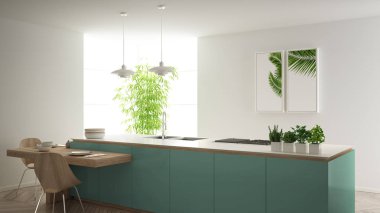 Modern temiz çağdaş turkuaz mutfak, sandalye, bambu ve saksı bitkileri, büyük pencere ve ringa kemiği parke zemin, minimalist iç tasarım ile ahşap yemek masası