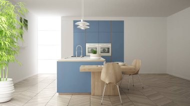 Modern temiz çağdaş mavi mutfak, sandalye, bambu ve saksı bitkileri, büyük pencere ve ringa kemiği parke zemin, minimalist iç tasarım ile ahşap yemek masası