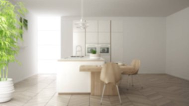 Bulanıklık arka plan iç tasarım, modern temiz çağdaş mutfak, sandalye ile ada ve ahşap yemek masası, bambu bitki, pencere ve parke zemin, iç tasarım konsept fikri