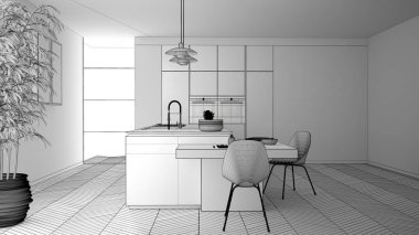 Modern temiz çağdaş mutfak bitmemiş proje, sandalye, bambu ve saksı bitkileri, pencere ve parke zemin, iç tasarım konsept fikri ile ahşap yemek masası