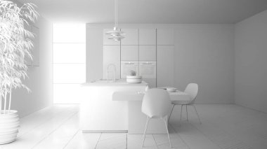 Modern temiz çağdaş mutfak, ada ve sandalye, bambu ve saksı bitkileri, büyük pencere ve parke zemin, minimalist iç tasarım ile ahşap yemek masası toplam beyaz proje