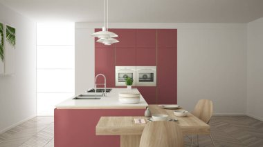 Modern temiz çağdaş gri mutfak, sandalye, bambu ve saksı bitkileri, büyük pencere ve ringa kemiği parke zemin, minimalist iç tasarım ile ahşap yemek masası