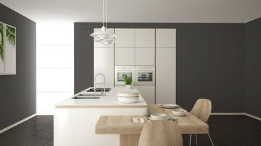 Modern temiz çağdaş beyaz mutfak, sandalye, bambu ve saksı bitkileri, büyük pencere ve ringa kemiği parke zemin, minimalist iç tasarım ile ahşap yemek masası