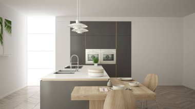 Modern temiz çağdaş gri mutfak, sandalye, bambu ve saksı bitkileri, büyük pencere ve ringa kemiği parke zemin, minimalist iç tasarım ile ahşap yemek masası