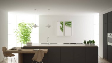 Modern temiz çağdaş gri mutfak, sandalye, bambu ve saksı bitkileri, büyük pencere ve ringa kemiği parke zemin, minimalist iç tasarım ile ahşap yemek masası
