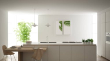 Bulanıklık arka plan iç tasarım, modern temiz çağdaş mutfak, sandalye ile ada ve ahşap yemek masası, bambu bitki, pencere ve parke zemin, iç tasarım konsept fikri