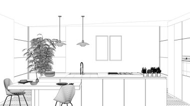 Blueprint proje taslak, modern temiz çağdaş mutfak, sandalye, bambu ve saksı bitkileri, pencere ve parke zemin, iç tasarım konsept fikri ile ada ve ahşap yemek masası