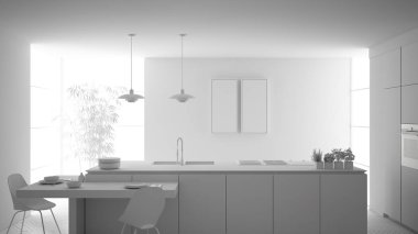 Modern temiz çağdaş mutfak, ada ve sandalye, bambu ve saksı bitkileri, büyük pencere ve parke zemin, minimalist iç tasarım ile ahşap yemek masası toplam beyaz proje