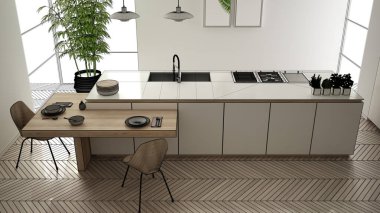 Blueprint taslak taslak, tasarım konsepti, mimar tasarımcı projesi, modern temiz çağdaş mutfak, sandalye ile ada ve yemek masası, parke, iç tasarım konsepti, üst görünümü