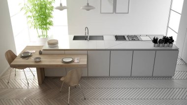 Mimar iç tasarımcı kavramı: gerçek olur bitmemiş proje, modern çağdaş mutfak, sandalye ile ada ve yemek masası, parke, iç tasarım konsepti, üst görünümü