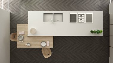 Modern temiz çağdaş beyaz mutfak, sandalye, bambu ve saksı bitkileri, büyük pencere ve ringa kemiği parke zemin, iç tasarım, üst görünümü ile ahşap yemek masası