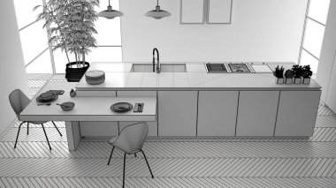 Modern temiz çağdaş mutfak bitmemiş proje, sandalye, bambu ve saksı bitkileri, pencere ve parke, iç tasarım konsepti, üst görünümü ile ahşap yemek masası