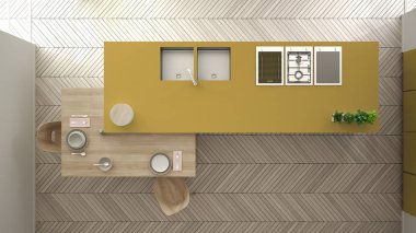 Modern temiz çağdaş sarı mutfak, sandalye, bambu ve saksı bitkileri, büyük pencere ve ringa kemiği parke zemin, iç tasarım, üst görünümü ile ahşap yemek masası