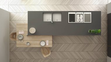 Modern temiz çağdaş gri mutfak, ada ve sandalye, bambu ve saksı bitkileri, büyük pencere ve ringa kemiği parke zemin, iç tasarım, üst görünümü ile ahşap yemek masası