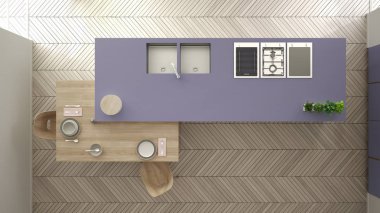 Modern temiz çağdaş mor mutfak, ada ve sandalye, bambu ve saksı bitkileri, büyük pencere ve ringa kemiği parke zemin, iç tasarım, üst görünümü ile ahşap yemek masası