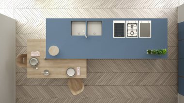 Modern temiz çağdaş mavi mutfak, sandalye, bambu ve saksı bitkileri, büyük pencere ve ringa kemiği parke zemin, iç tasarım, üst görünümü ile ahşap yemek masası