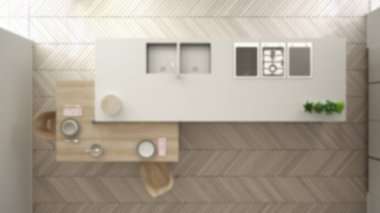 Bulanıklık arka plan iç tasarım, modern temiz çağdaş mutfak, sandalye ile ada ve ahşap yemek masası, bambu bitki, pencere ve parke, iç tasarım konsepti, üst görünümü