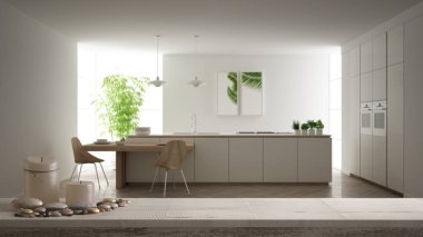 Çakıl taşları, zen mood, ada ve tabureler, modern beyaz ve ahşap mutfak üzerinde kat, beyaz mimari dekorasyon parke ve ahşap antika masa üstü veya raf ile mumlar