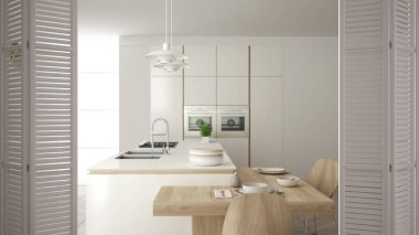 Beyaz katlanır kapı ahşap detayları ve parke zemin, beyaz iç tasarım, mimar tasarımcı kavramı, modern beyaz mutfak üzerinde açma arka plan bulanıklık