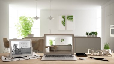 İç mimari proje ve Cad kroki, bulanık taslak modern beyaz mutfak arka planda gösterilen ekran ile tasarımcı masaüstü kavramı, dizüstü ve tablet ahşap masa üzerine mimar