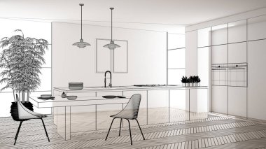 Beyaz seramik döşemeli içi boş, özel mimari tasarım projesi, siyah mürekkep çizimi, modern mutfak, konsept, model, mimar fikri gösteren plan.