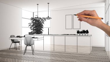 Beyaz mermer seramik seramik döşemeleri, el çizimi özel mimari tasarımı, siyah mürekkep çizimi, modern minimalist mutfağı, konsepti, maketi, fikri gösteren plan.