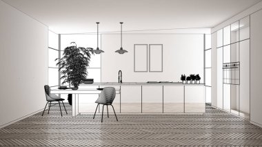 Beyaz seramik döşemeli içi boş, özel mimari tasarım projesi, siyah mürekkep çizimi, modern mutfak, konsept, model, mimar fikri gösteren plan.