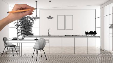 Beyaz mermer seramik seramik döşemeleri, el çizimi özel mimari tasarımı, siyah mürekkep çizimi, modern minimalist mutfağı, konsepti, maketi, fikri gösteren plan.