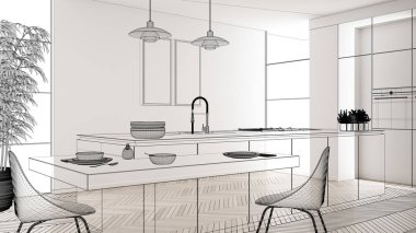 Beyaz seramik döşemeli içi boş, özel mimari tasarım projesi, siyah mürekkep çizimi, modern mutfak, konsept, model, mimar fikri gösteren plan.