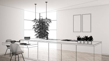 Beyaz seramik döşemeli içi boş, özel mimari tasarım projesi, siyah mürekkep çizimi, modern mutfak, konsept, model, mimar fikri gösteren plan.