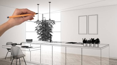 Beyaz mermer seramik seramik döşemeleri, el çizimi özel mimari tasarımı, siyah mürekkep çizimi, modern minimalist mutfağı, konsepti, maketi, fikri gösteren plan.