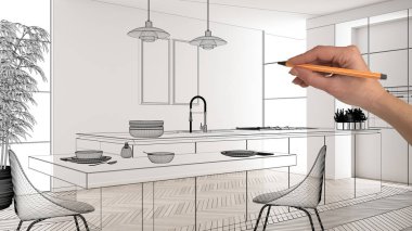 Beyaz mermer seramik seramik döşemeleri, el çizimi özel mimari tasarımı, siyah mürekkep çizimi, modern minimalist mutfağı, konsepti, maketi, fikri gösteren plan.