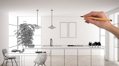 Beyaz mermer seramik seramik döşemeleri, el çizimi özel mimari tasarımı, siyah mürekkep çizimi, modern minimalist mutfağı, konsepti, maketi, fikri gösteren plan.