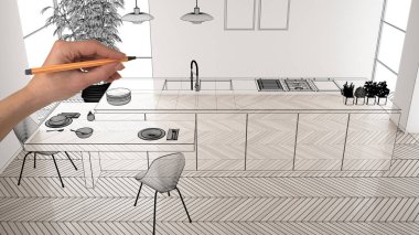 Beyaz mermer seramik karolar ile boş beyaz iç, el çizim özel mimari tasarım, siyah mürekkep kroki, modern minimalist mutfak gösteren plan, konsept, mock-up, üst görünümü