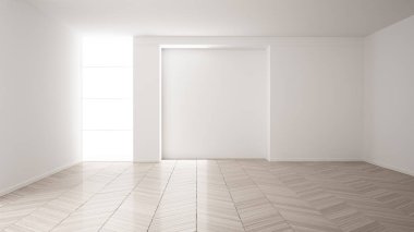 Boş oda iç tasarımı, beyaz duvarlar, modern tarzı, parke ahşap zemin ile açık alan, minimalist çağdaş mimari, konsept, mock-up, mimari fikir