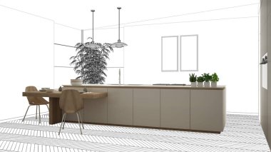 Bitmemiş proje, inşaat taslak altında, konsept iç tasarım kroki, el plan arka plan, mimar ve tasarımcı fikri ile gerçek modern minimalist mutfak işaret