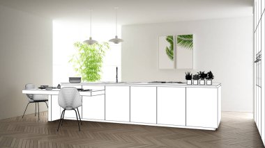 Plan proje taslağı, ada ve lambalar ile minimalist modern mutfak kroki, iç tasarım konsept fikri, parke zemin ile modern daire, çağdaş mobilya fikir