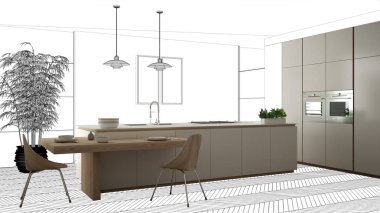 Bitmemiş proje, inşaat taslak altında, konsept iç tasarım kroki, el plan arka plan, mimar ve tasarımcı fikri ile gerçek modern minimalist mutfak işaret