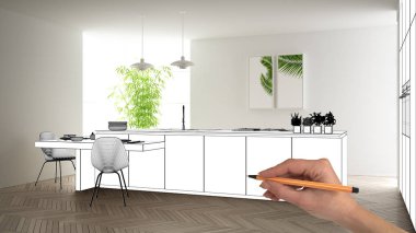Bitmemiş proje, inşaat taslak altında, konsept iç tasarım kroki, gerçek arka planda el çizim planı mutfak kroki, mimar ve tasarımcı fikri