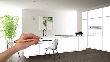 Bitmemiş proje, inşaat taslak altında, konsept iç tasarım kroki, gerçek arka planda el çizim planı mutfak kroki, mimar ve tasarımcı fikri