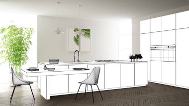 Plan proje taslağı, ada ve lambalar ile minimalist modern mutfak kroki, iç tasarım konsept fikri, parke zemin ile modern daire, çağdaş mobilya fikir