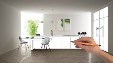 Bitmemiş proje, inşaat taslak altında, konsept iç tasarım kroki, gerçek arka planda el çizim planı mutfak kroki, mimar ve tasarımcı fikri