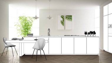 Plan proje taslağı, ada ve lambalar ile minimalist modern mutfak kroki, iç tasarım konsept fikri, parke zemin ile modern daire, çağdaş mobilya fikir